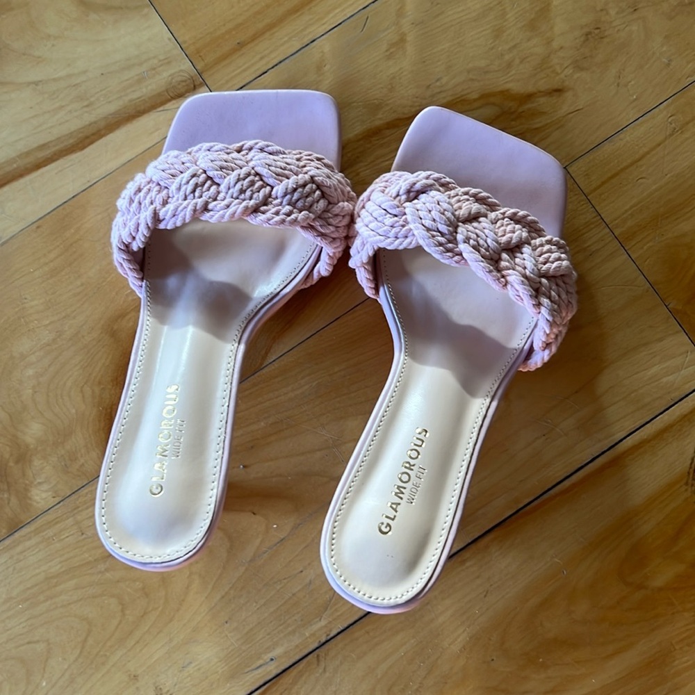 Pink low kitten heel braided heels